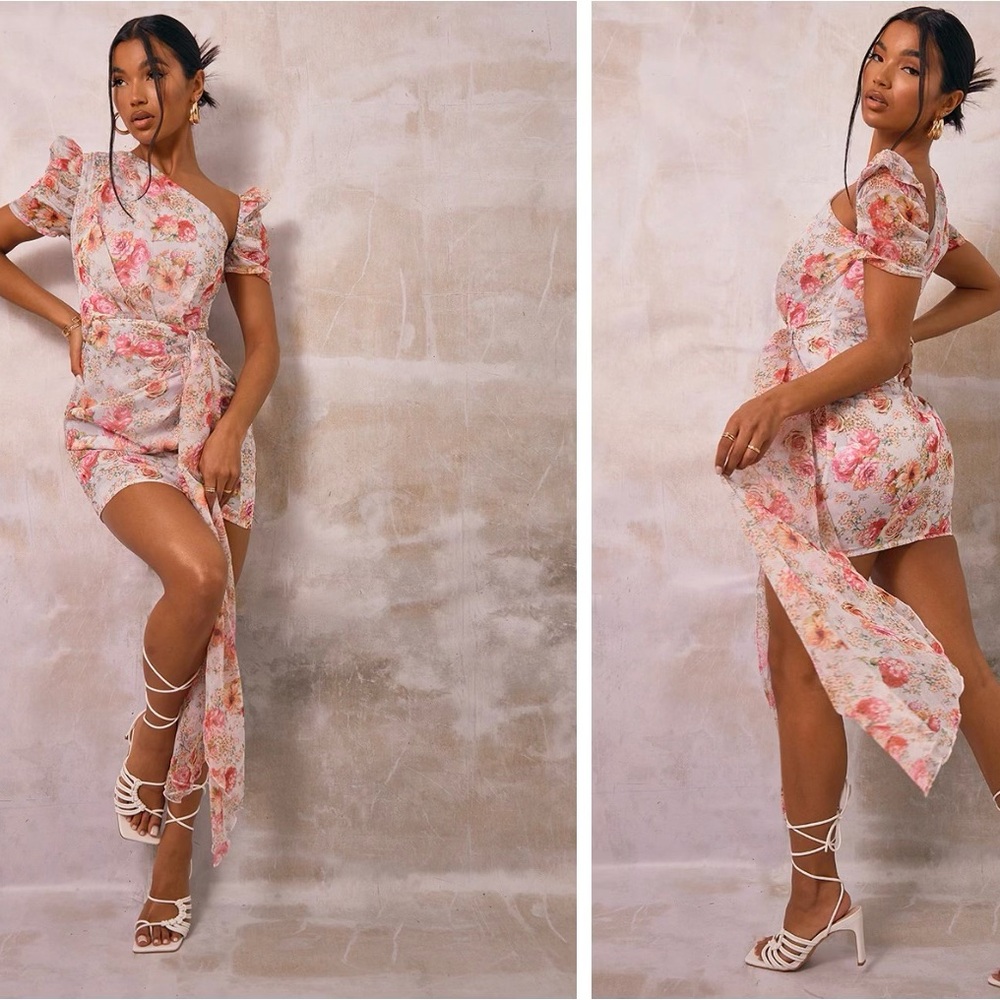 Pink floral print one shoulder draped dress